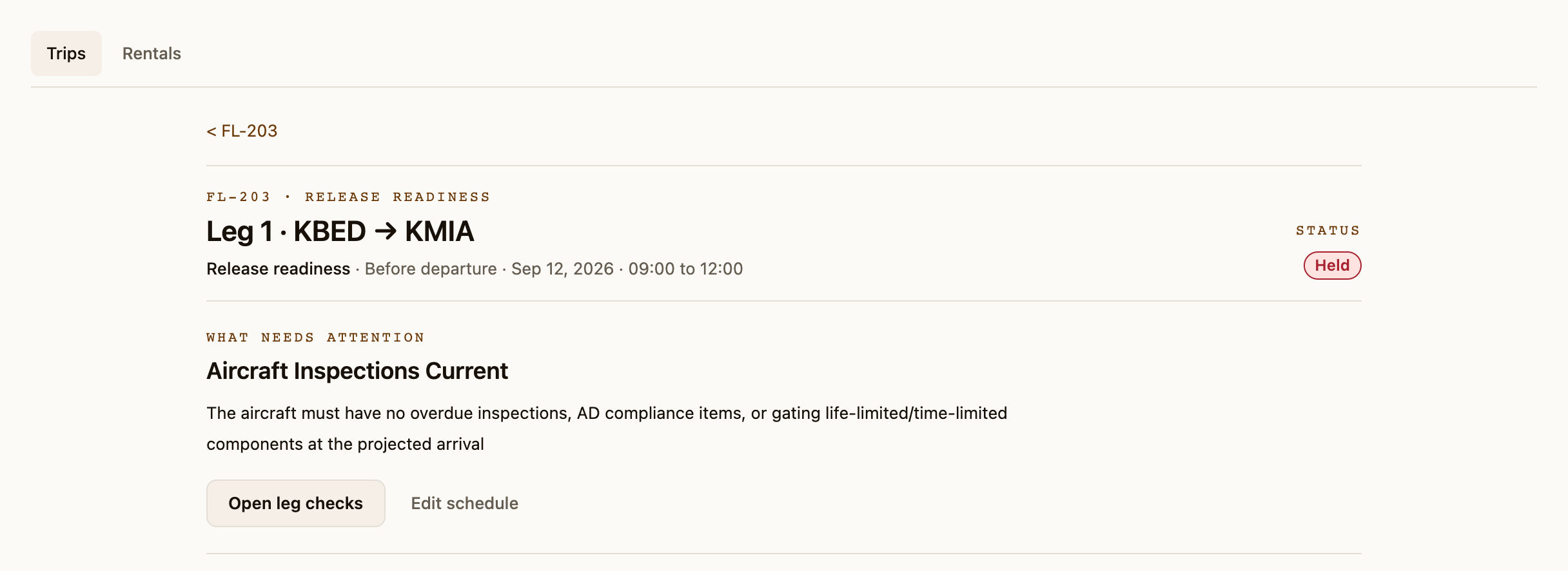 The release readiness page for one held leg: what needs attention reads aircraft inspections current, with the rule and the aircraft named, and the first of the passing checks beneath it.