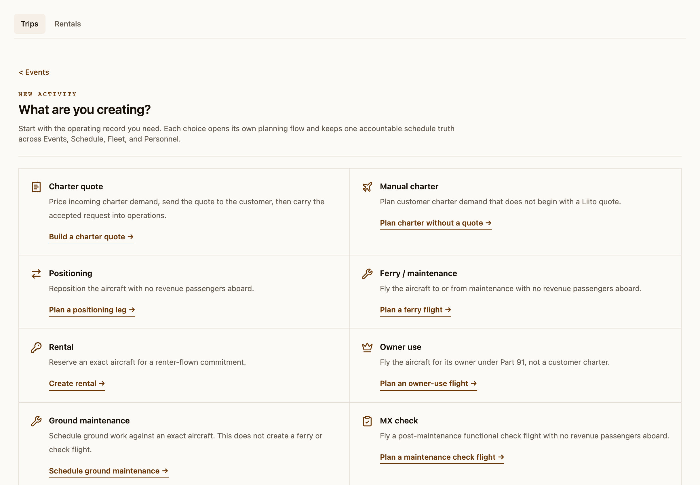 Starting new work in Liito: a screen asking what are you creating, with choices for a charter quote, a manual charter, positioning, ferry or maintenance, rental, owner use, ground maintenance, and a maintenance check flight.