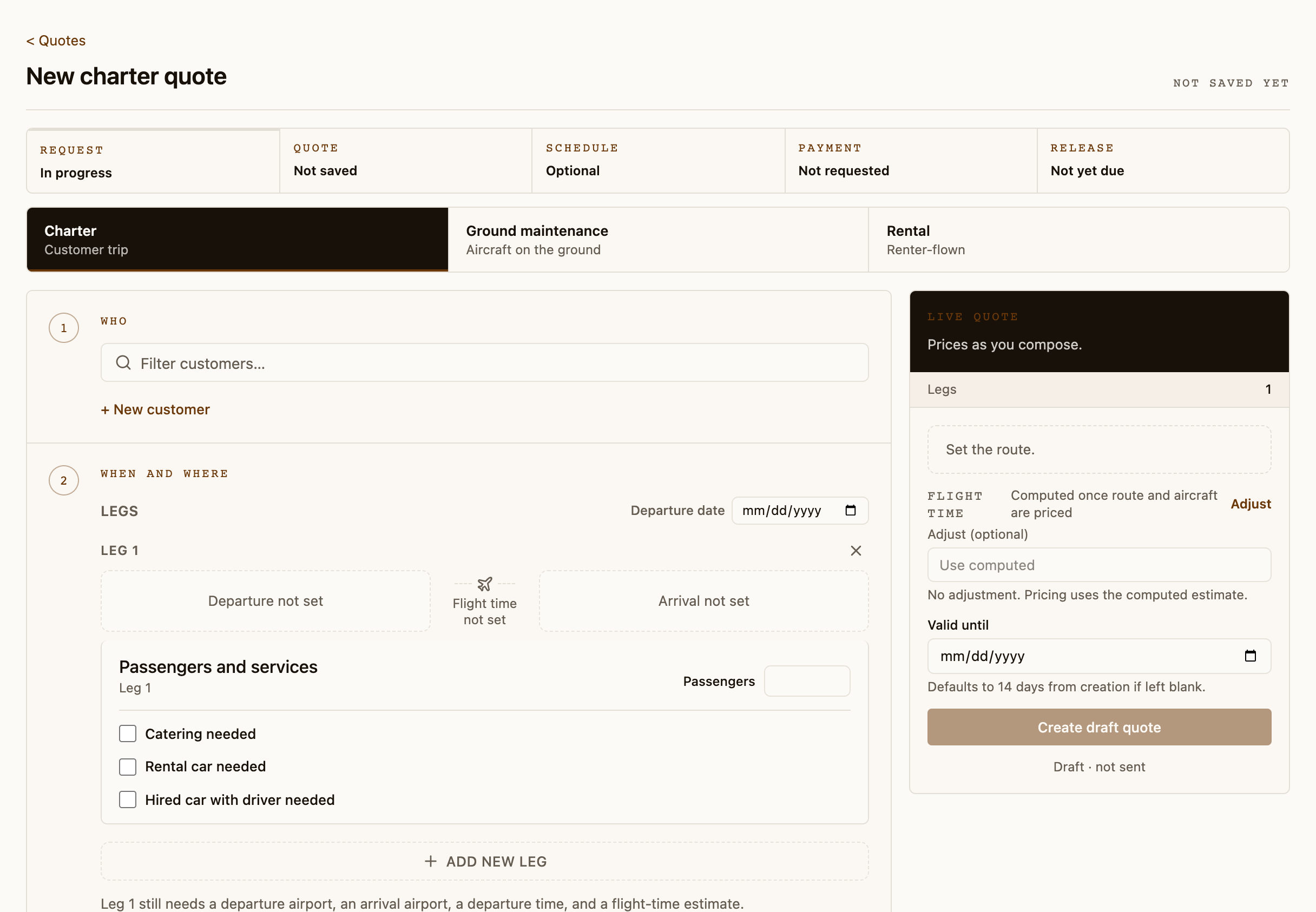 A new charter quote being composed in Liito: the lifecycle strip reading request in progress, quote not saved, schedule optional, payment not requested, release not yet due; steps for who and when and where; a live quote panel that prices as you compose.