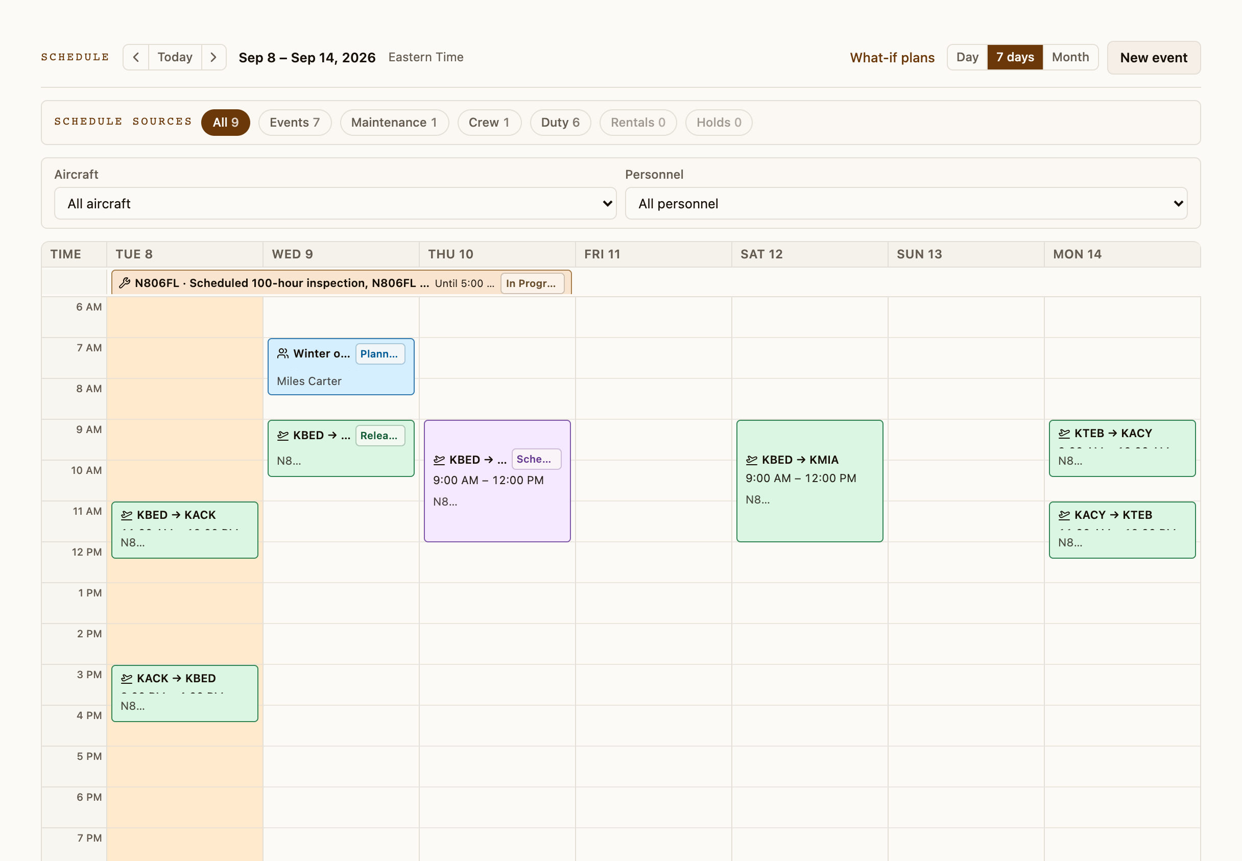 The Liito schedule for one week with every source on it: events, maintenance, crew, duty, rentals, and holds, each block wearing its type and status.